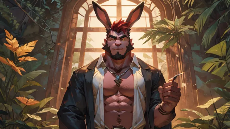 ((best quality)), ((masterpiece)), (detailed), perfect face, bara furry, rabbit man, big body, pink skin, short quiff red hair, yellow eyes, perfect eyes, long rabbit ears, handsome, open shirt at jungle big dick, snfw
