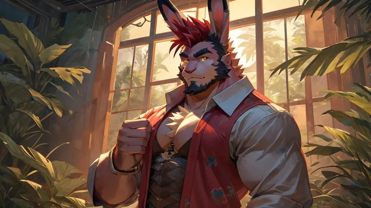 ((best quality)), ((masterpiece)), (detailed), perfect face, bara furry, rabbit man, big body, pink skin, short quiff red hair, yellow eyes, perfect eyes, long rabbit ears, handsome, open shirt at jungle big dick, snfw
