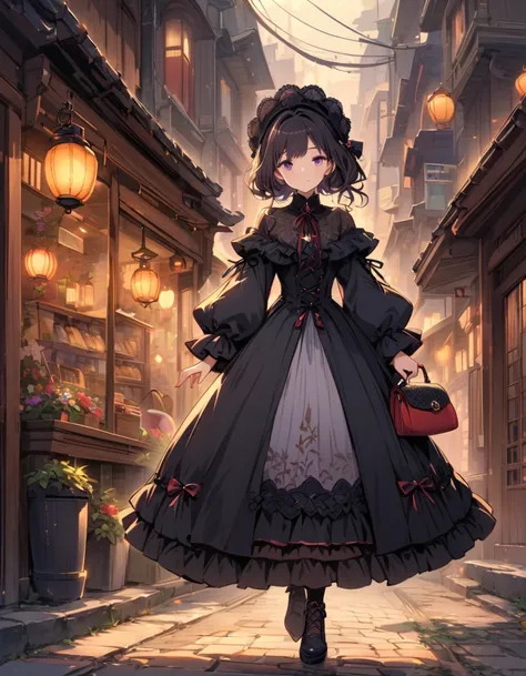 A young girl dressed in a Japanese gothic lolita costume strolling along a Taisho-era street. The street is adorned with old-fashioned lanterns and traditional shops. She has a vintage handbag and wears a delicate lace bonnet. The scene exudes a blend of h...