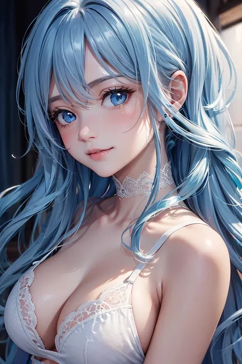 (Best Quality,High resolution,8k,finelity detailed background,Masterpiece:1.2),beautiful girl,Shiny light blue hair,messy hair,Light blue eyes,Gentle look,A refreshing look,Best quality,Best Quality,Aesthetic and aesthetic:1.2,Best details((Super detailed)...