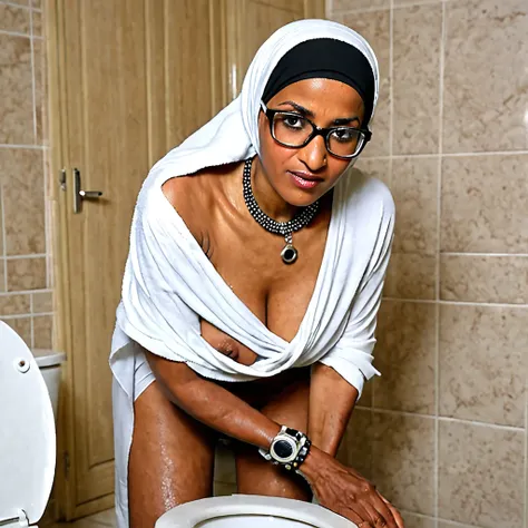 Hot older ebony glasses Arab woman in hijab nude arm nude shoulder breasts nude cleaning the toilet in bathroom housekeeping dirty toilet necklace bracelet 