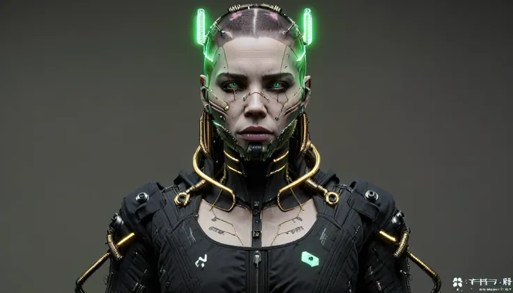 1girl, solo, looking_at_viewer, simple_background, green_eyes, makeup, portrait, science_fiction, realistic, android, cable, cyb...