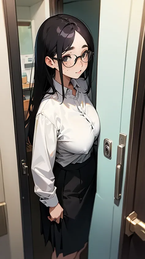 woman、Plain face、freckles、Glasses、Messy black hair、Big Tits、Door-to-door salesperson、White Shirt、Suit skirt