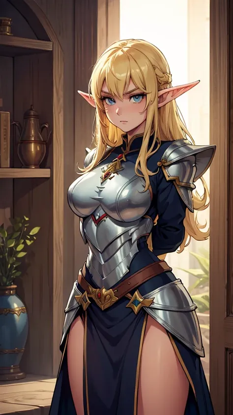 ((masterpiece, best quality)), manga style, elf warrior in armor, blond hair, elf ears, hands behind back, best qualityer，8K， masterpiece, high resolution,1girl, two tone lighting, (high detail skin：1.2), beautiful face, gentle illumination,