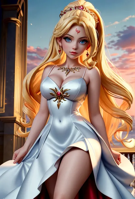 Arafed, a picture of a female angel in high society prom event, divine beautiful female angel, blond hair, long hair, flowing hair, the hair glows in a soft light, cerulean eyes, deep light eyes, divine beautiful face, folded white feather wings, she wears...