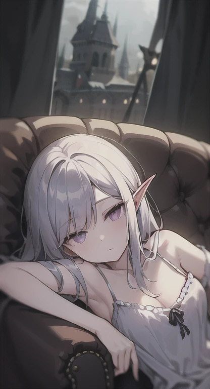 Hell fortress life, Old world, demon Elf Queen, silver hair, purple eyes, nightgown, bloomers, sofa, lounging, dim light, sleeping,