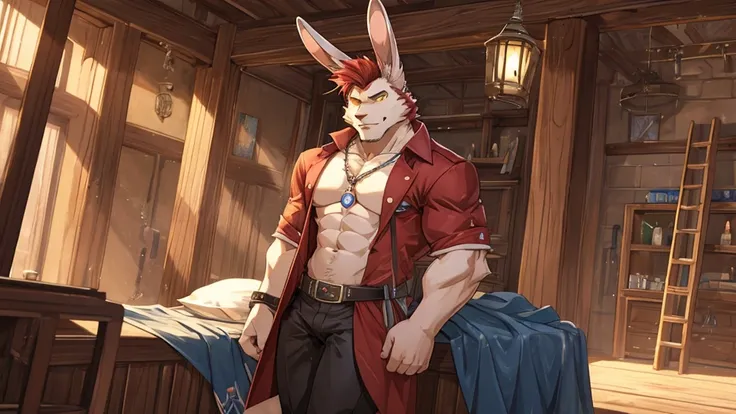 ((best quality)), ((masterpiece)), (detailed), perfect face, bara furry, rabbit man, big body, pink skin, short quiff red hair, yellow eyes, perfect eyes, long rabbit ears, handsome, open shirt at jungle big dick, nsfw