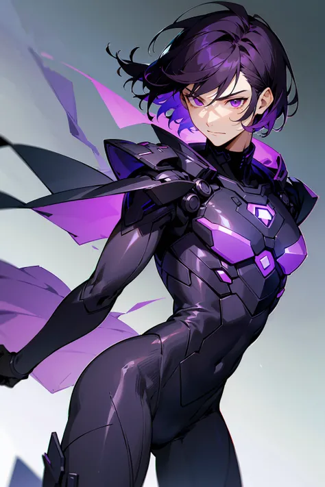 1male, Young Adult, Dark Violet Hair, Short Hair, Slight Smile, Standing In City, Detailed background, Black and White Combat Suit, Sharp Eyes, Purple Eyes