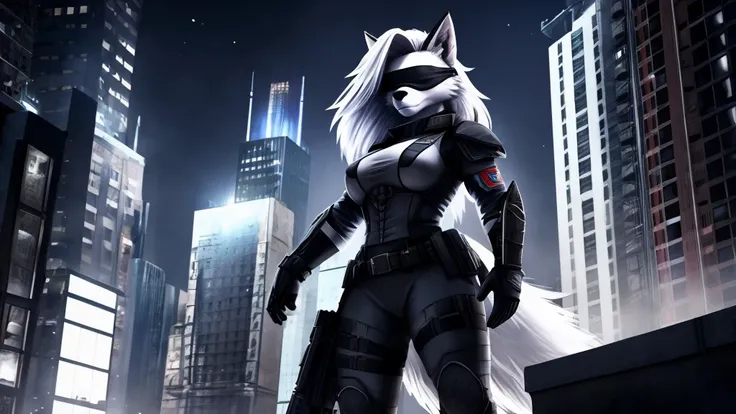 Loona from Helluva Boss, female white wolf, short white hair, blindfold, white combat military armor suit, combat mask, adult, standing above a building, New York, night, dark lighting, extremely detailed, solo, beautiful, high quality, 4K