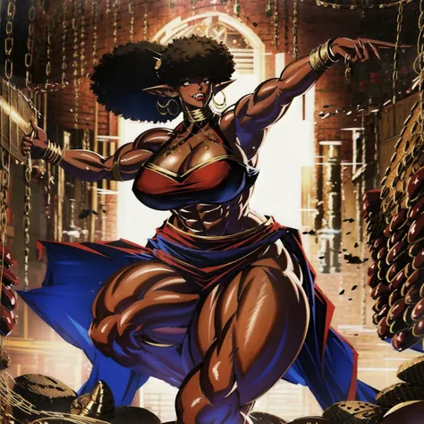 (masterpiece, best quality:1.2),1 girl, voluptuous body, full body, masterpiece, dominant pose, good anatomy, no extra limbs, big ass, thick thighs, black hair, voluminous afro, pointy ears, gold earrings, black top with red details, black skirt with red d...