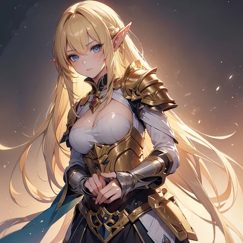 ((masterpiece, best quality)), manga style, elf warrior in armor, blond hair, elf ears, hands behind back, best qualityer，8K， masterpiece, high resolution,1girl, two tone lighting, (high detail skin：1.2), beautiful face, gentle illumination, ((no backgroun...