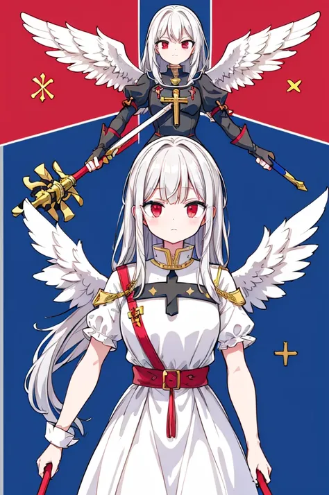 flagmaker, medieval knight group, the flag representing Crucifixus, Experrectus, Reanimatus or The Crucified, The Awakened, And The Reanimated, the flags colors consist of black, red, white, gold and silver. The flag consists of an angel holding a sword, t...