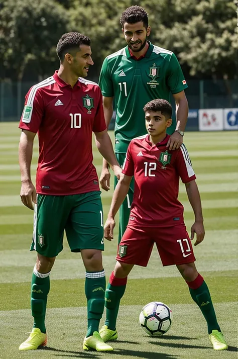 Padre e hijo entrado a una chancha de futbol de espalda con uniforme rojo y verde de Portugal, say happy father&#39;s day