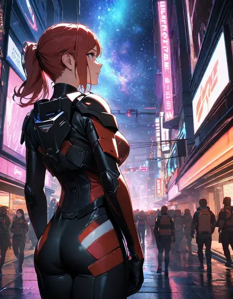  (Perfect Quality), (neon lights), a closeup of a, ((1 woman), Female Commander Shepard from Mass Effect, Redhead, athletic, beatiful face), ( walks through the city), (Hands Behind Your Back), (Battle armor), ( Nebula in the background), wide shot, atmosp...