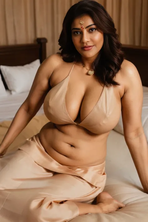 gritty raw photo of a mature Indian housewife, age 40, detailed face,detailed body,super busty, plump body, big navel visible, posing  in bed for photoshoot teasing seductive look  completely naked 