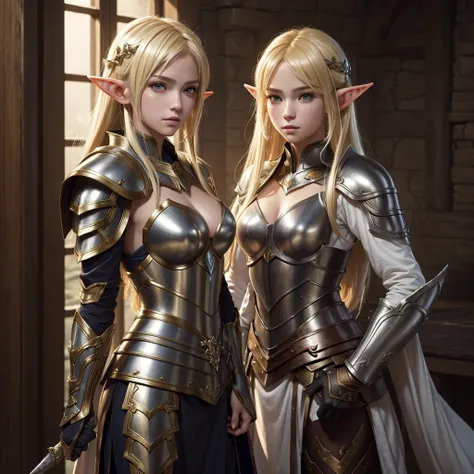 ((masterpiece, best quality)), manga style, elf warrior in armor, blond hair, elf ears, hands behind back, best qualityer，8K， masterpiece, high resolution,1girl, two tone lighting, (high detail skin：1.2), beautiful face, gentle illumination, ((no backgroun...