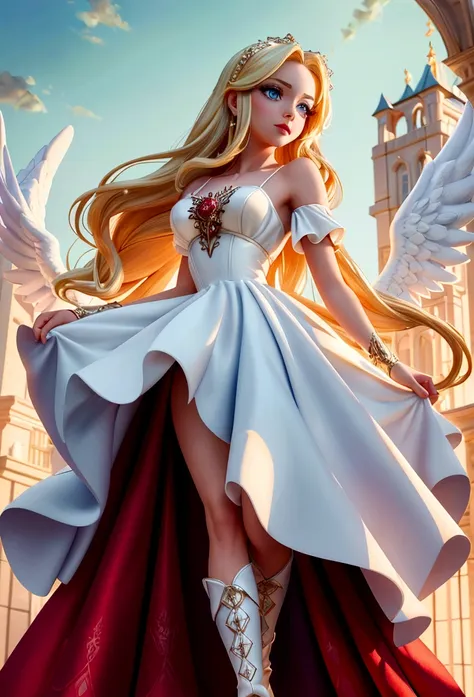 arafed, a picture of a female angel in high society prom event, divine beautiful female angel, blond hair, long hair, flowing ha...