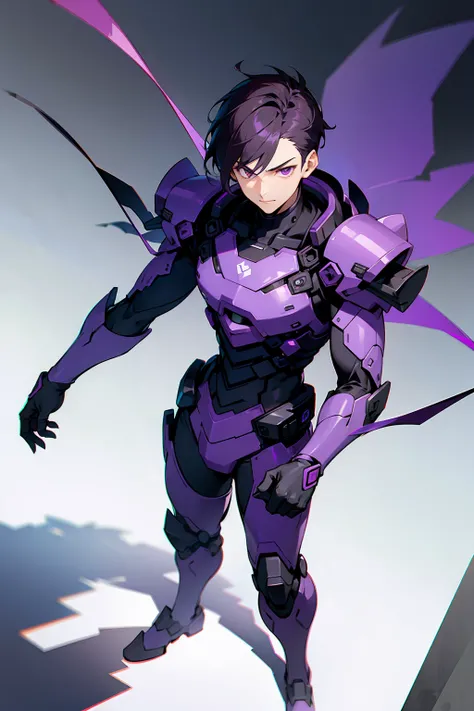 1male, Young Adult, Dark Violet Hair, Short Hair, Slight Smile, Standing In City, Detailed background, Black and White Combat Suit, Sharp Eyes, Purple Eyes