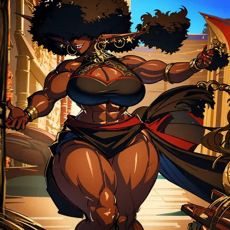 (masterpiece, best quality:1.2),1 girl, voluptuous body, full body, masterpiece, dominant pose, good anatomy, no extra limbs, big ass, thick thighs, black hair, voluminous afro, pointy ears, gold earrings, black top with red details, black skirt with red d...