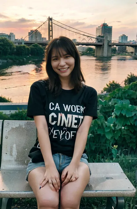 a girl seeting on a bench,sunset time,wearing a jeens blue shorts,and a long t shart,looks happy,fingers clearity,rtx,amd,real grafix,real fingers,fingers qulity ,5fingers in both hand,infront of a city bridge,