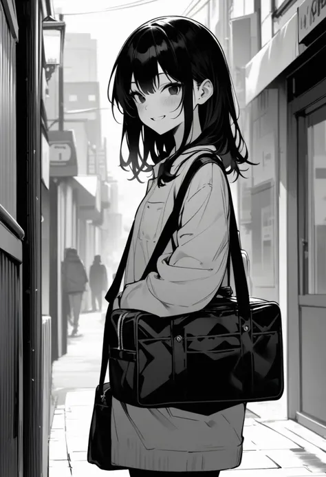 ​masterpiece, best quality 1girl, grayscale, , black eyes, street, iced, black hair, schoolbag, smile