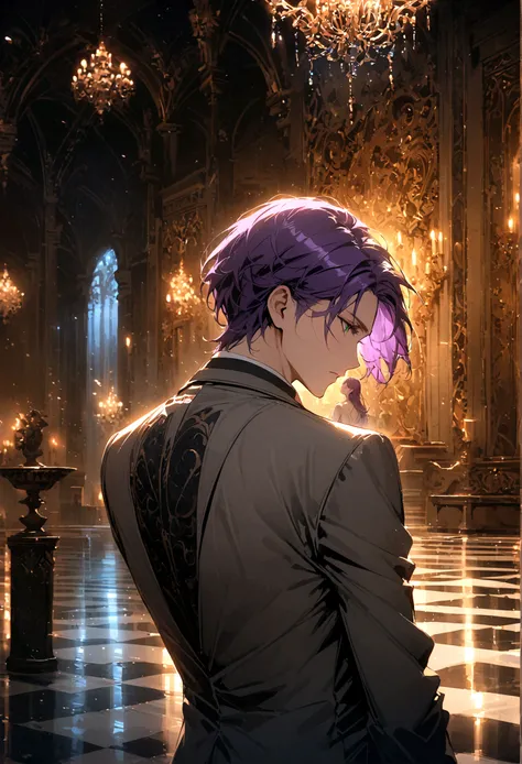 A man with purple hair, green eyes, a gray suit, his back turned half his face, stood alone in the middle of the palace at night.