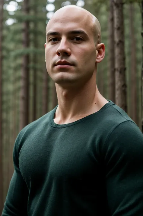 ((best quality)), ((masterpiece)), (detailed), realistic face real bald muscular male upper body wear dark green pullover at night forest