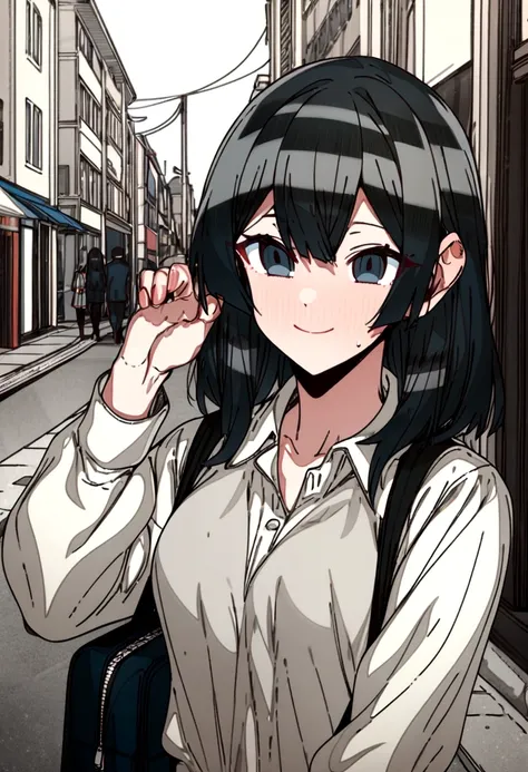 ​masterpiece, best quality 1girl, erere, grayscale, black eyes, street, iced, black hair, schoolbag, smile, lineart
