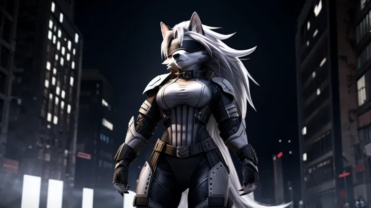 loona from helluva boss, female white wolf, short white hair, blindfold, white combat military armor suit, combat mask, mature a...