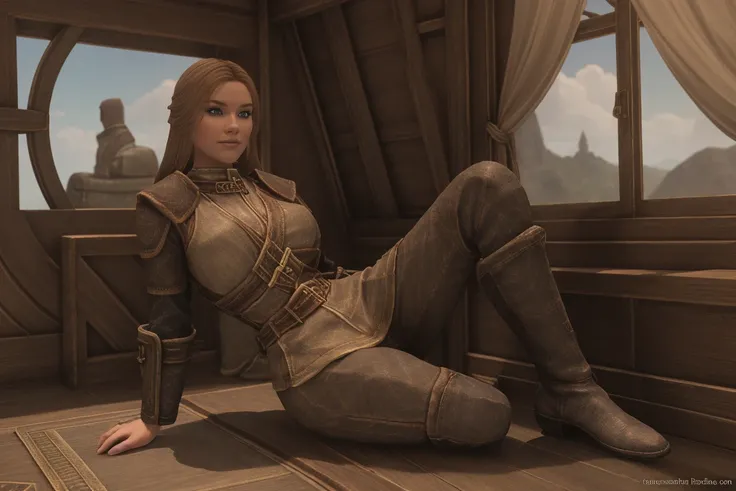 Elder Scrolls fantasy: A seductive female Breton maiden sits poised on the ship to Daggerfall, her crossed legs a subtle invitation. Soft sunlight bathes her porcelain skin as she wears a tantalizingly short skirt and knee-high leather boots, her smile bec...