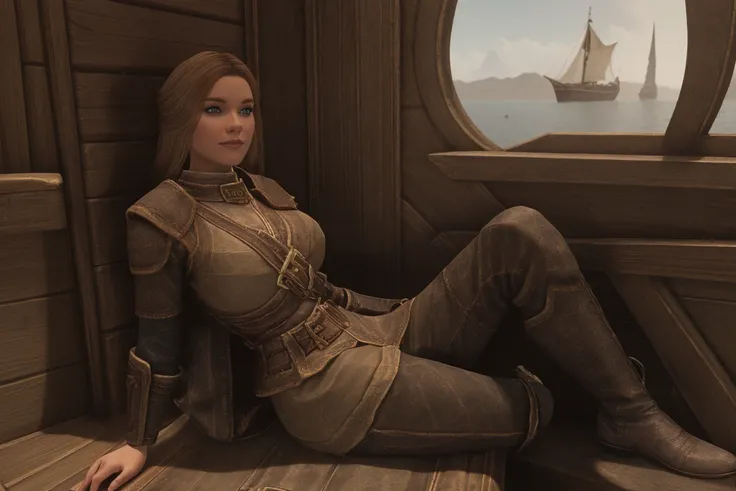 Elder Scrolls fantasy: A seductive female Breton maiden sits poised on the ship to Daggerfall, her crossed legs a subtle invitation. Soft sunlight bathes her porcelain skin as she wears a tantalizingly short skirt and knee-high leather boots, her smile bec...