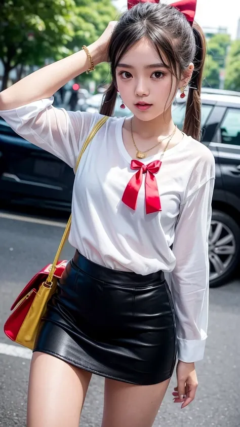 1 a thai cute teen about 25 year old,white 
shirt, uniform university of thailand,mini black short skirt,mini earrings,mini gold necklace,she wearing red high heels,she dancing,a pigtails,big white ribbon on her hair.she had no make up on her face,she had ...