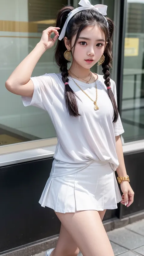 1 a thai cute teen about 25 year old,white 
shirt, uniform university of thailand,mini black short skirt,mini earrings,mini gold necklace,she wearing red high heels,she dancing,a pigtails,big white ribbon on her hair.she had no make up on her face,she had ...