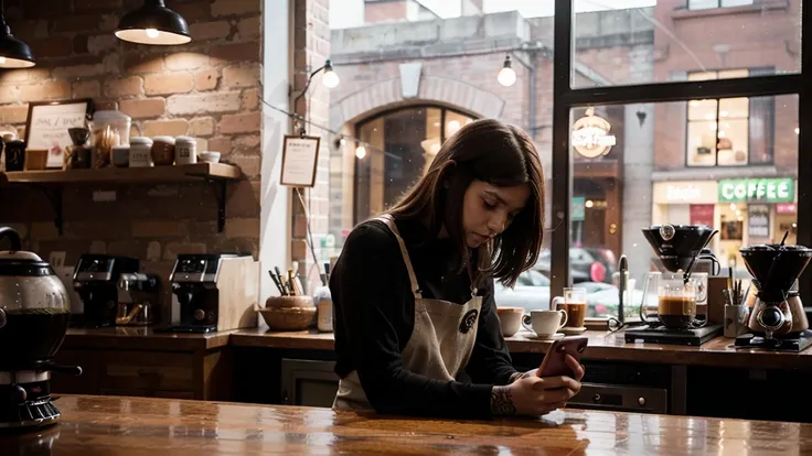 coffee shop interior, punk rock ginger girl barista focused on her iphone, looking down on her phone, interior, next to her theres a big window and its raininG. iT IS nighttime and the atmosphere is cozy lit and relaxing