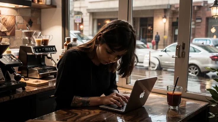 coffee shop interior, punk rock ginger girl barista focused on her iphone, looking down on her phone, interior, next to her theres a big window and its raininG. iT IS nighttime and the atmosphere is cozy lit and relaxing