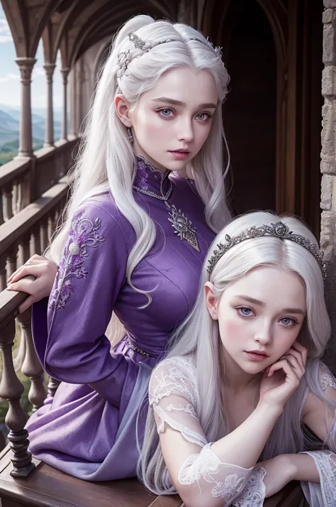 Translate texts with the camera the Targaryen princess, with silvery white hair, amethyst eyes, wearing a purple dress with embroidered dragons, on the balcony of a castle, with the face of Nicola Coughlan
