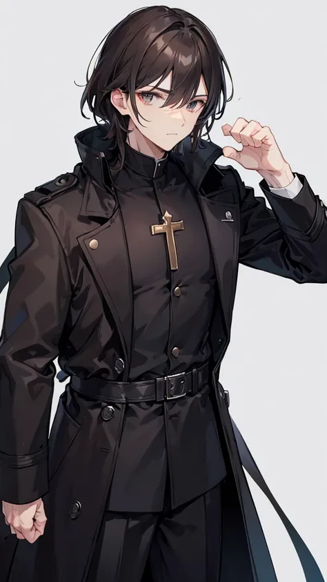 male priest in a black trench coat with dark brown medium length hair, handsome, and wrapped fists 