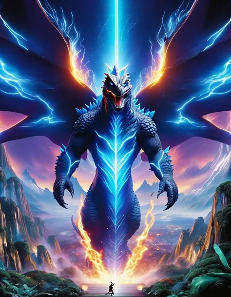 (best quality:2, ultra detailed:2, beautiful:2 8K:2),BREAK,(High resolution), (Visual beauty), (textile shading), (landscape:1.8), (realistic photo:1.2), (No-human:2), (gigantic-powerful-2Wings-God-Kaiju-Godzillas Back:2), (themed Breath of Linear long ran...