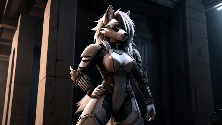 loona from helluva boss, female white wolf, short white hair, blindfold, white combat military armor suit, combat mask, mature a...