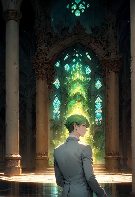 A man with green hair, green eyes, a gray suit, his back turned half his face, stood alone in the middle of the palace at night.