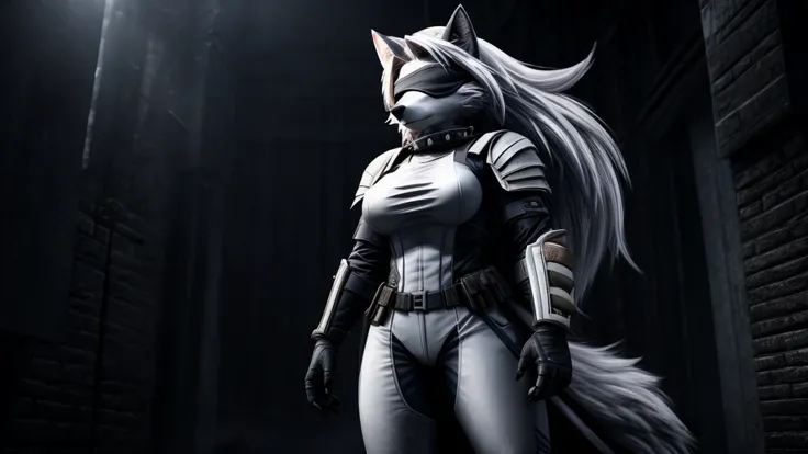 Loona from Helluva Boss, female white wolf, short white hair, blindfold, white combat military armor suit, combat mask, mature adult, muscular, standing, dark lighting, extremely detailed, solo, beautiful, high quality, 4K