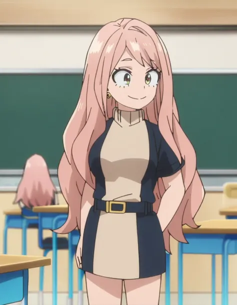 1girl, female focus, my hero academia screencap, boku no hero academia, pink hair, gold eyes, smiling, super long hair, cute, we...