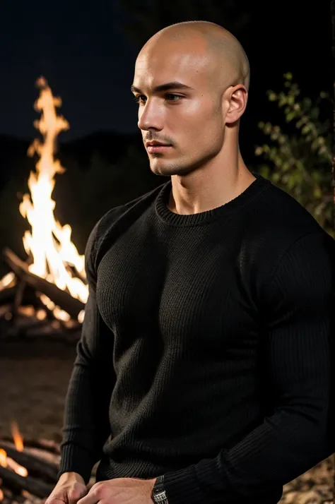 ((best quality)), ((masterpiece)), (detailed), realistic face real bald muscular male upper body wear dark black pullover  at night campfire