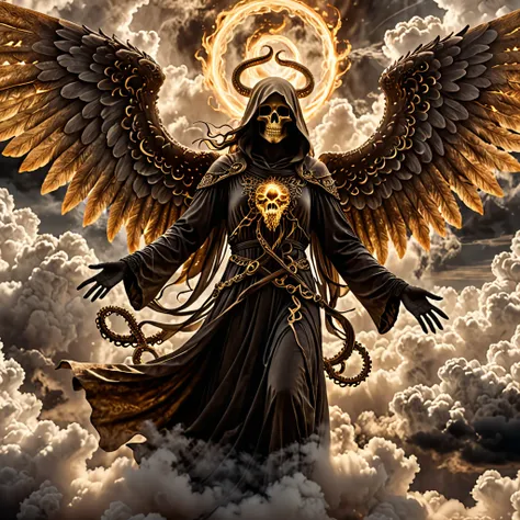 sky way ghost, angel of death, over clouds, on parchment, Black and White, (brown and gold), trending on ArtStation , intricate details, masterpiece, best quality, (Epic), (ghost), UHD, open arms tentacles of light, fire and light