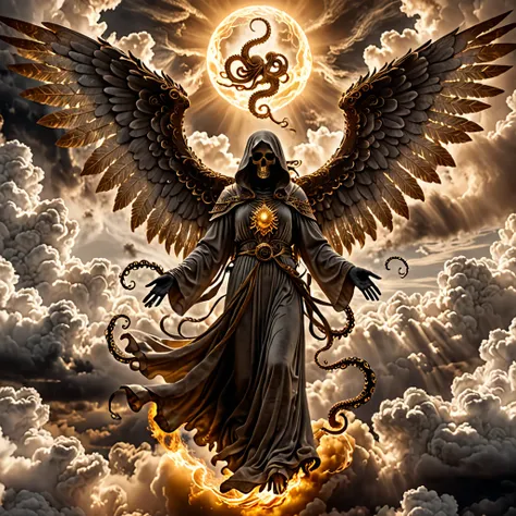 sky way ghost, angel of death, over clouds, on parchment, Black and White, (brown and gold), trending on ArtStation , intricate details, masterpiece, best quality, (Epic), (ghost), UHD, open arms tentacles of light, fire and light