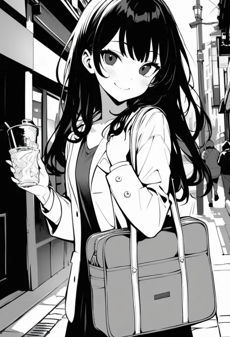 ​masterpiece, best quality 1girl, grayscale, black eyes, street, iced, black hair, schoolbag, smile, lineart
