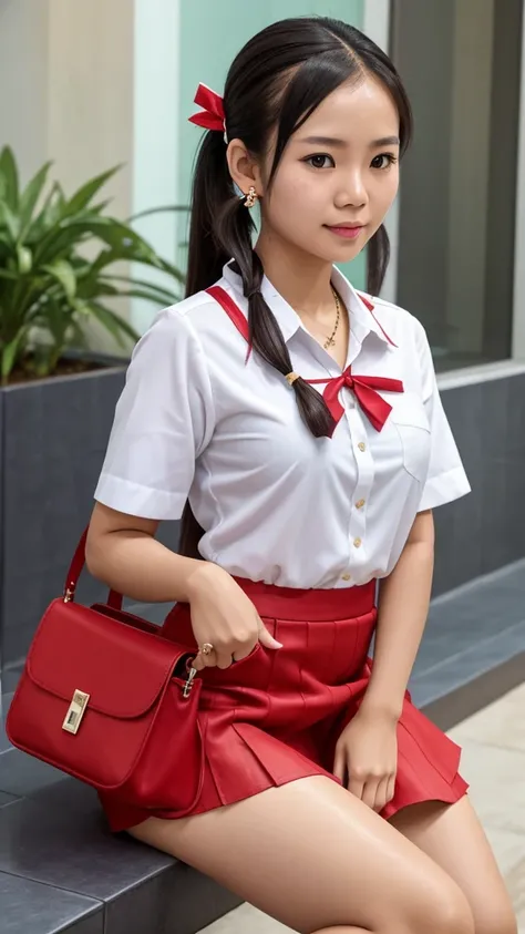 1 a thai cute girl about 30 year old,she get the wet white shirt, uniform university of thailand,mini black short skirt,mini earrings,mini necklace,she wearing red high heels,she sitting,a pigtails,big white ribbon on her hair.she had no make up on her fac...