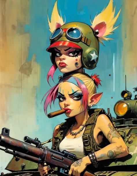 tank girl character, military helmet, cigar, piercings, shotgun, in a tank, (art inspired by Skottie Young and Bill Sienkiewicz). oil painting)