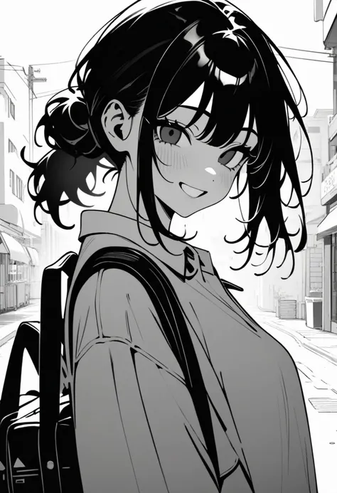 ​masterpiece, best quality 1girl, grayscale, black eyes, street, iced, black hair, schoolbag, smile, lineart, white background, newest
