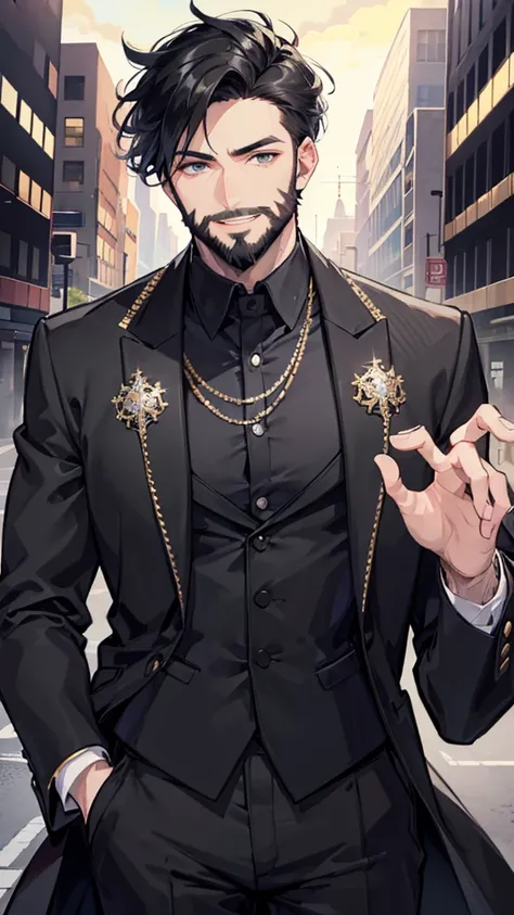 Short hair, beard, male, black hair, suit, smiling, diamond rings, diamond chain, nice, handsome, older 